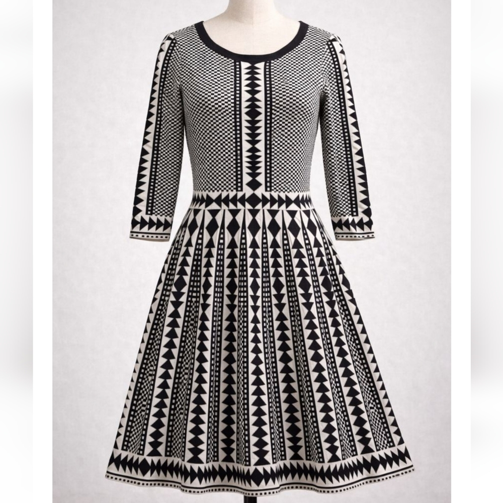 Nina Leonard Black &‎ White Geometric Fit & Flare Dress